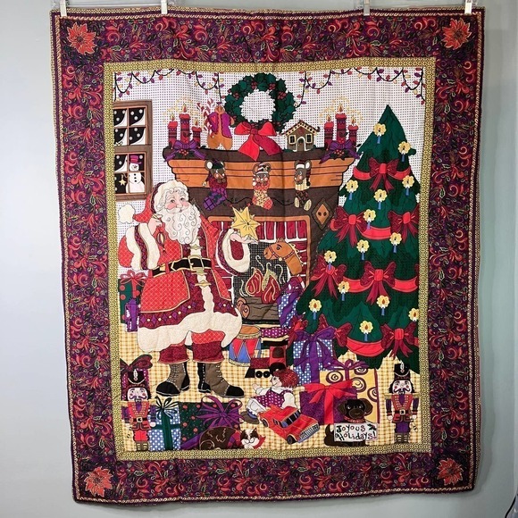 Handmade Santa Claus Christmas Tree Quilted Wall Hanging Grommited for Lights - Picture 1 of 16